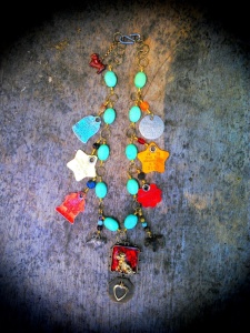 Vintage dog tags, Cracker Jack charms, and turquoise!
